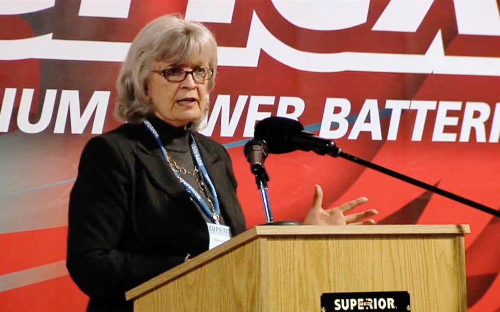 Martha Lane Collins speaking to audience at Superior Battery in Russell County, Kentucy