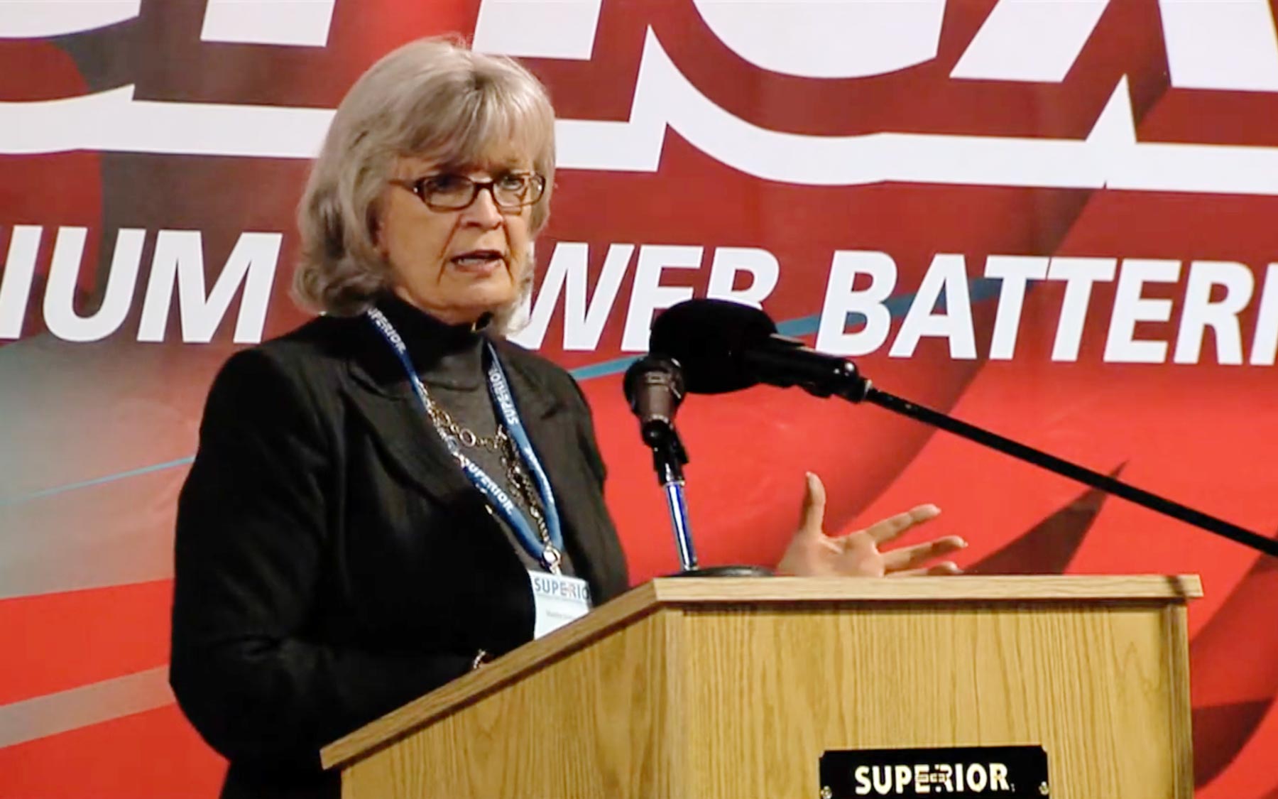 Martha Lane Collins speaking to audience at Superior Battery in Russell County, Kentucy