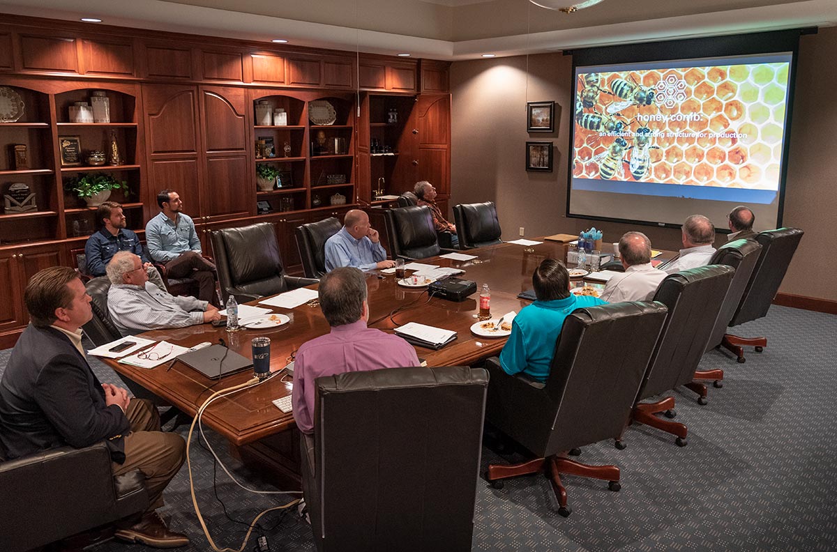 Board of directors looking at screen projection during meeting