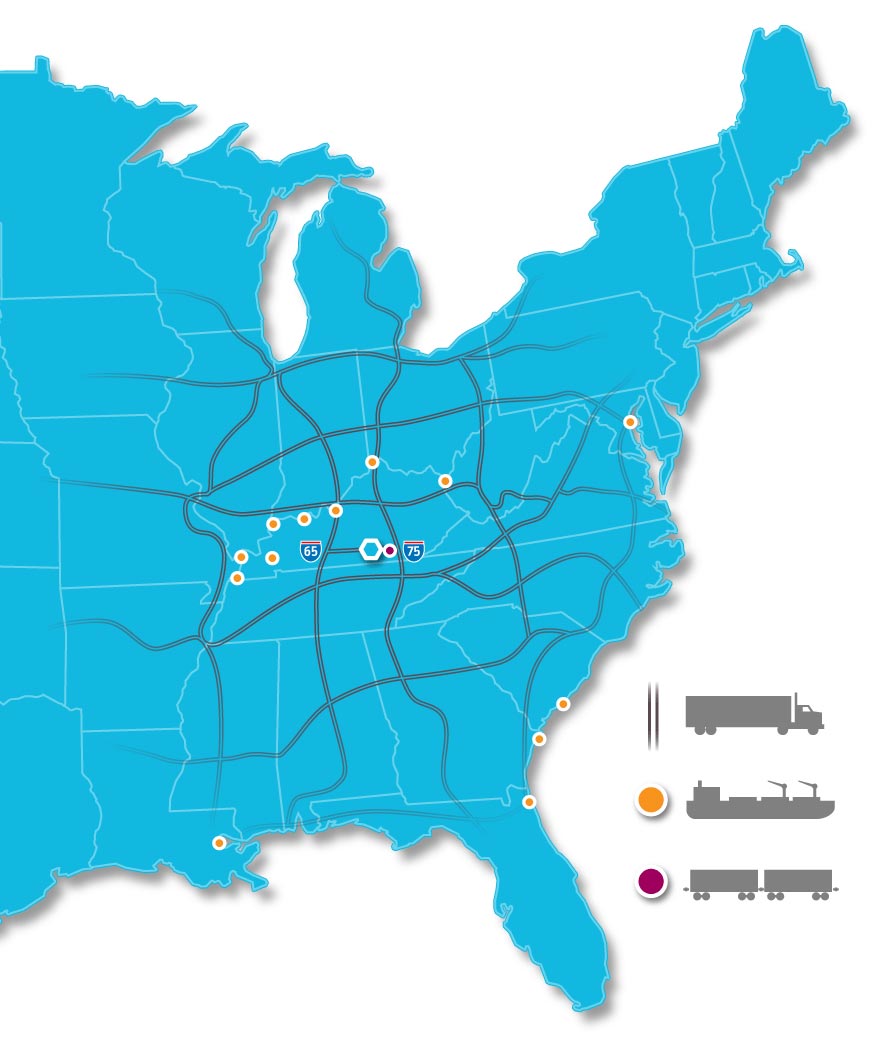 US Map graphic showing major transportation routs in and out of Russell County, Kentucky