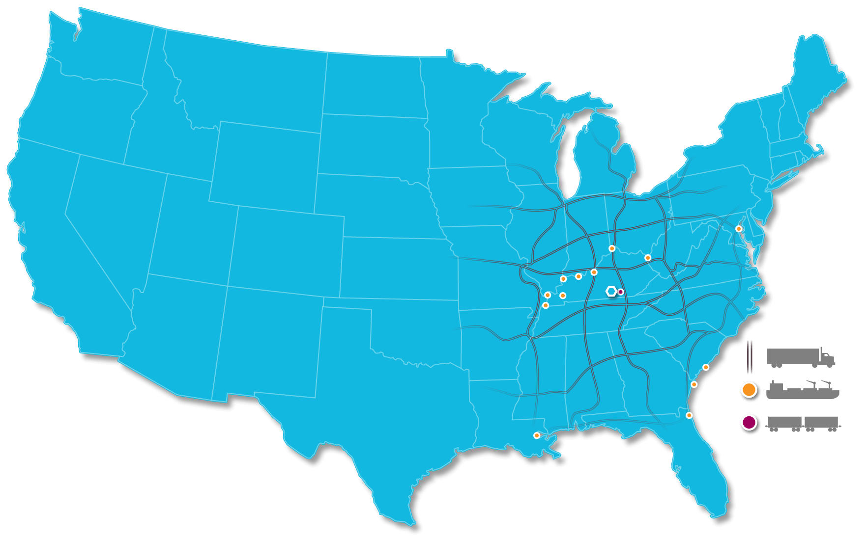 US Map graphic showing major transportation routs in and out of Russell County, Kentucky